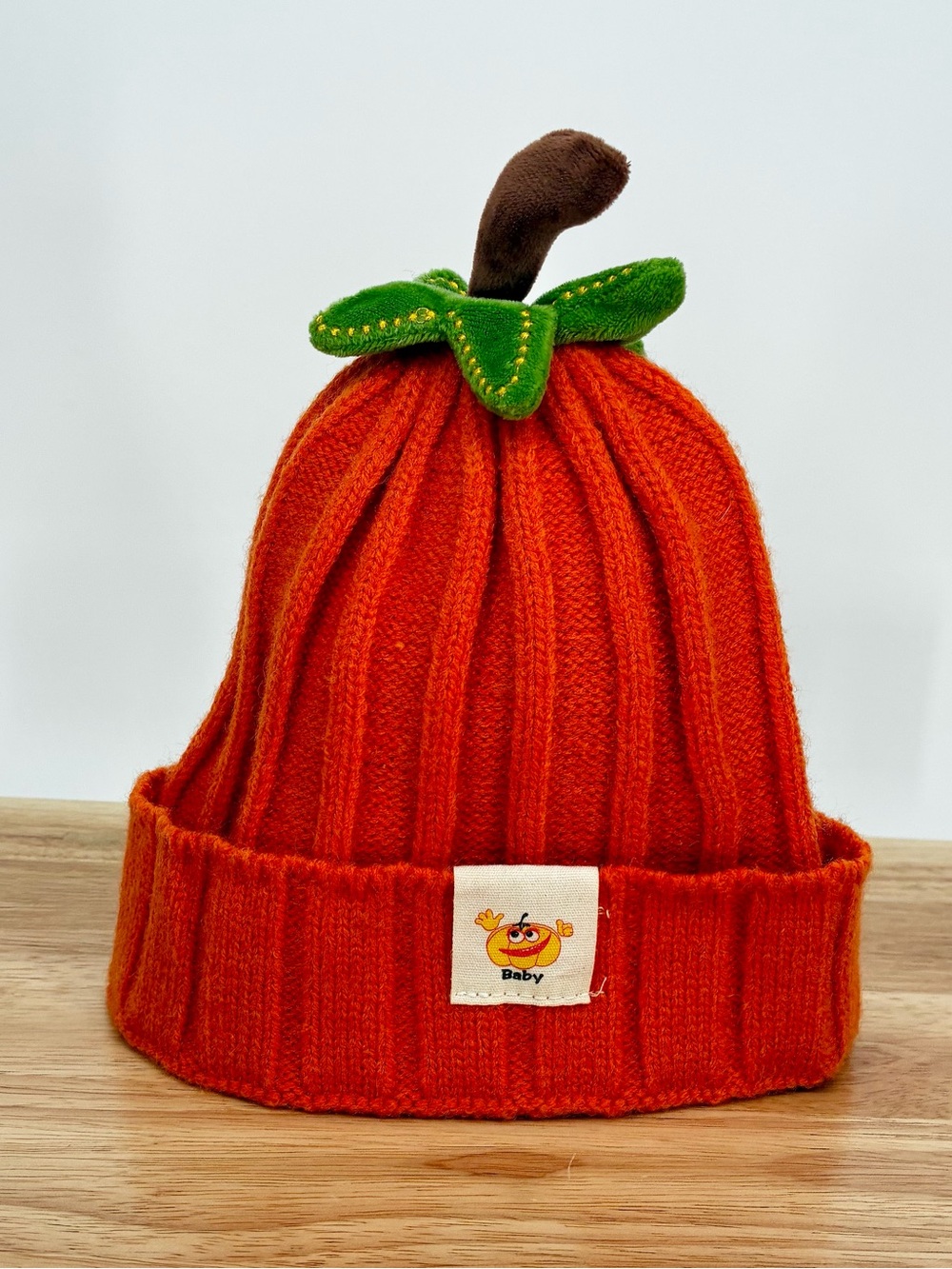 Baby Toddler Halloween Orange Knit Pumpkin Beanie Hat Green Leaf Stem OS